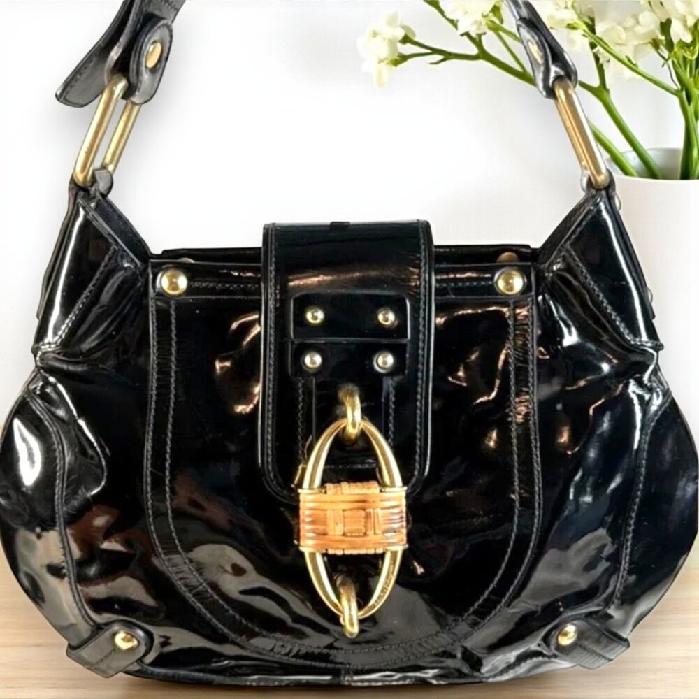 Salvatore Ferragamo Vintage Wicker Lock Patent Leather Shoulder bag with COA